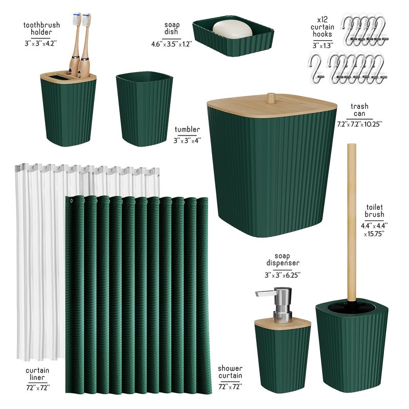 Clara Clark Bathroom Accessories Set - Green Bathroom Set  20PC Bathroom Accessory Set  Shower Curtain Set  Toilet Brush  Trash Can & Soap Dispenser - Image 2